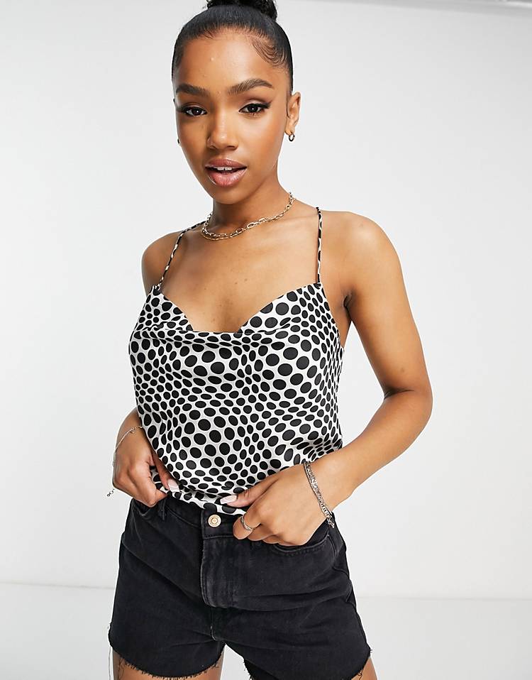 Monki cowl neck spot print satin cami in black and white